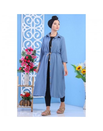 Tunique chemise longue avec cordon et boutons tout au long - Couleur Bleu 