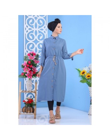 Tunique chemise longue avec cordon et boutons tout au long - Couleur Bleu 