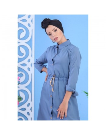 Tunique chemise longue avec cordon et boutons tout au long - Couleur Bleu 