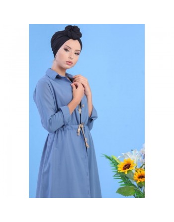 Tunique chemise longue avec cordon et boutons tout au long - Couleur Bleu 