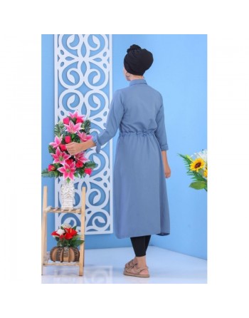 Tunique chemise longue avec cordon et boutons tout au long - Couleur Bleu 
