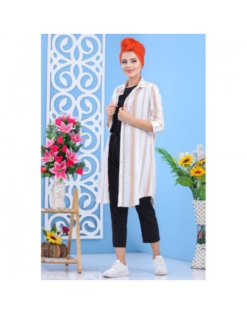 Chemise longue blanche à rayures (Chemises femmes) - Couleur Grise et Orange 