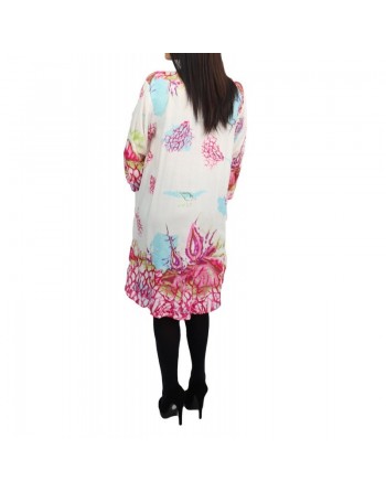 Tunique-Chemise ample blanche imprimée motifs fleurs fuchsia et bleu 