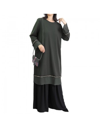 Tunique ample avec parties plissées pour femme - Couleur Vert Foncé 