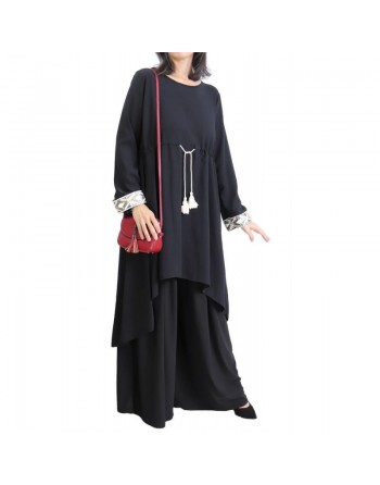Tunique ample et originale pour femme avec cordon à pompons et strass sur les manches - Couleur Noir 