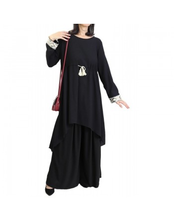 Tunique ample et originale pour femme avec cordon à pompons et strass sur les manches - Couleur Noir 