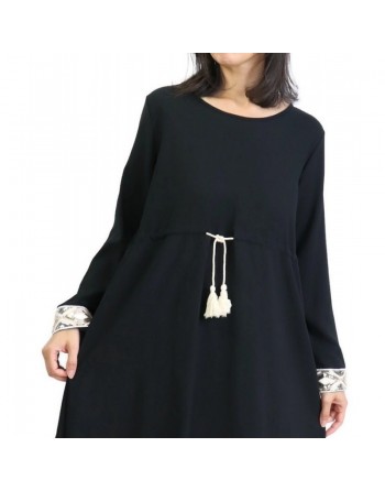 Tunique ample et originale pour femme avec cordon à pompons et strass sur les manches - Couleur Noir 