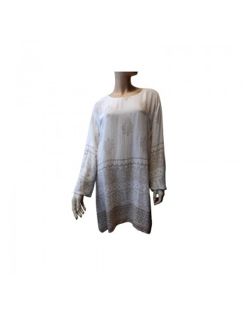 Tunique viscose à motif floral pour femme - Couleur blanc et beige 