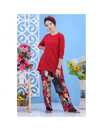 Ensemble deux pièces tunique + pantalon de couleur bordeaux - Tenue décontractée pour femme 