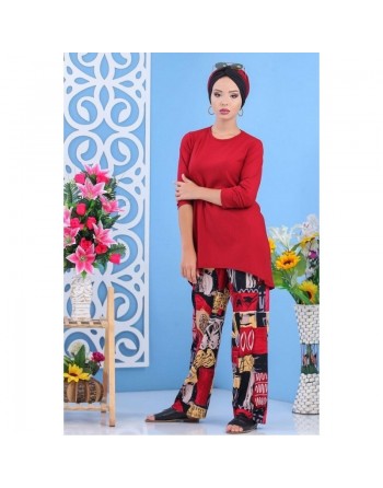 Ensemble deux pièces tunique + pantalon de couleur bordeaux - Tenue décontractée pour femme 