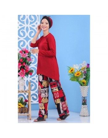 Ensemble deux pièces tunique + pantalon de couleur bordeaux - Tenue décontractée pour femme 