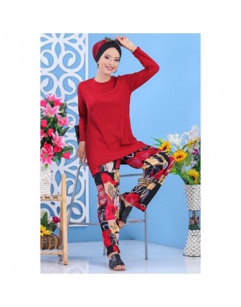 Ensemble deux pièces tunique + pantalon de couleur bordeaux - Tenue décontractée pour femme 