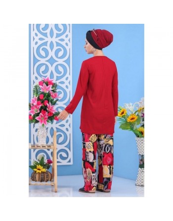 Ensemble deux pièces tunique + pantalon de couleur bordeaux - Tenue décontractée pour femme 