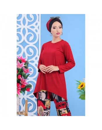 Ensemble deux pièces tunique + pantalon de couleur bordeaux - Tenue décontractée pour femme 