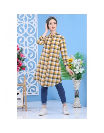 Chemise longue mastoura à carreaux de couleur jaune, moutarde et kaki pour femme 