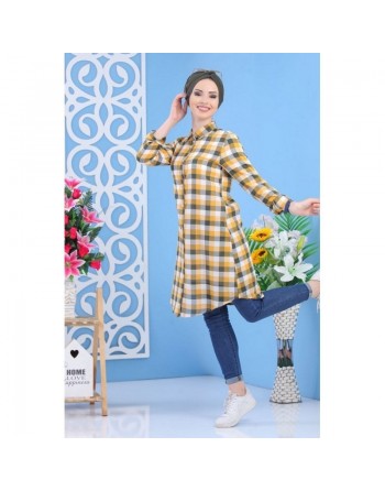 Chemise longue mastoura à carreaux de couleur jaune, moutarde et kaki pour femme 