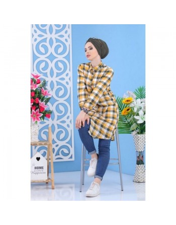 Chemise longue mastoura à carreaux de couleur jaune, moutarde et kaki pour femme 