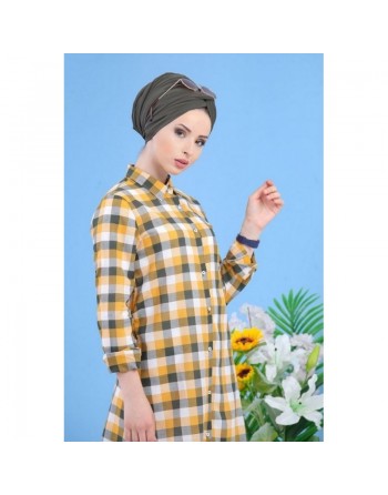 Chemise longue mastoura à carreaux de couleur jaune, moutarde et kaki pour femme 