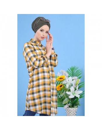 Chemise longue mastoura à carreaux de couleur jaune, moutarde et kaki pour femme 