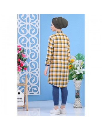 Chemise longue mastoura à carreaux de couleur jaune, moutarde et kaki pour femme 