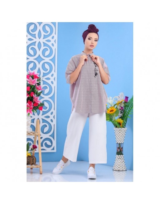 Chemise ample pour femme - Brodée à rayures bleues Chemise ample pour femme - Brodée à rayures bleues