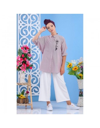 Chemise ample pour femme - Brodée à rayures bleues 