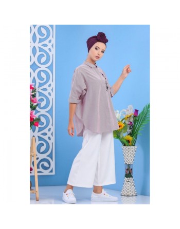 Chemise ample pour femme - Brodée à rayures bleues 