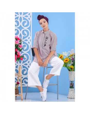 Chemise ample pour femme - Brodée à rayures bleues 