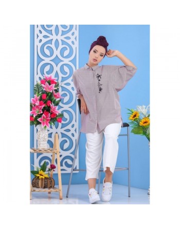 Chemise ample pour femme - Brodée à rayures bleues 