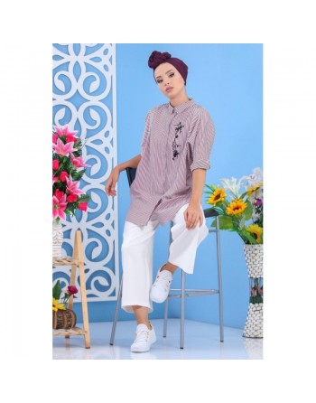Chemise brodée à rayures prunes pour femmes 