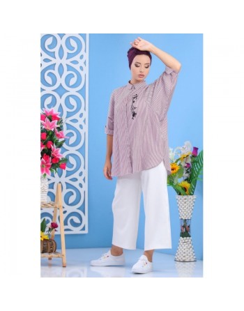 Chemise brodée à rayures prunes pour femmes 