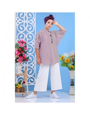 Chemise brodée à rayures prunes pour femmes 