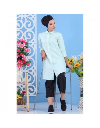 Chemise longue évasée couleur vert d'eau (100% coton) 