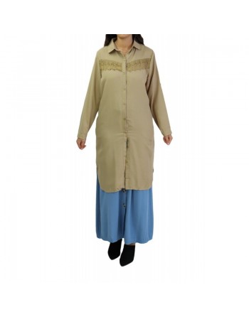 Chemise longue avec dentelle - Couleur Kaki clair 