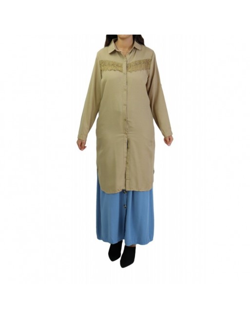 Chemise longue avec dentelle - Couleur Kaki clair Chemise longue avec dentelle - Couleur Kaki clair
