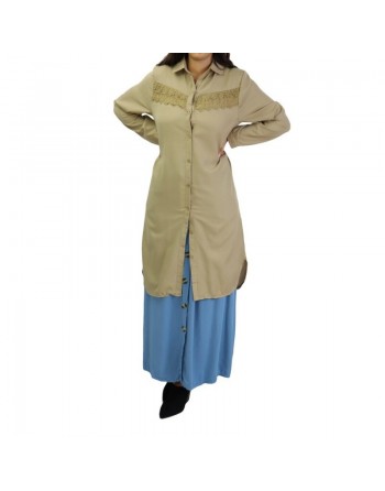 Chemise longue avec dentelle - Couleur Kaki clair 