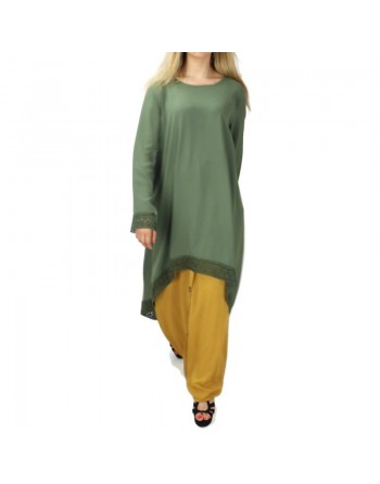 Tunique casual ample évasée avec dentelle pour femme - Couleur kaki 