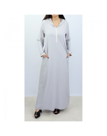 Jellaba marocaine pour femme (Robe maxi-longue) avec dentelle et capuche - Couleur gris clair 