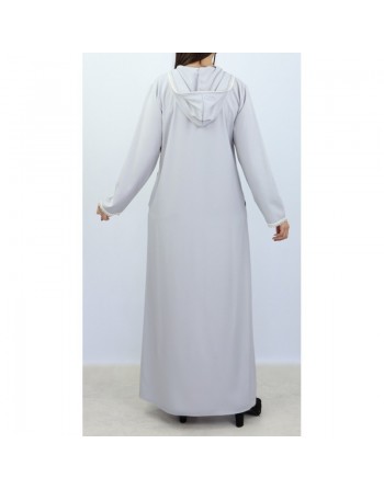 Jellaba marocaine pour femme (Robe maxi-longue) avec dentelle et capuche - Couleur gris clair 