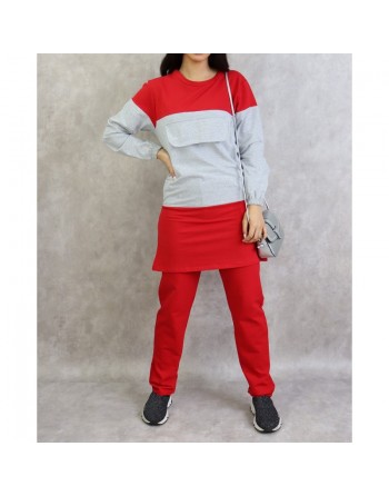 Survêtement femme 2 pièces bicolores de couleur rouge et gris 