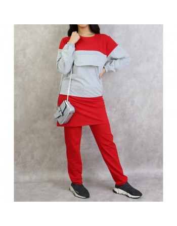 Survêtement femme 2 pièces bicolores de couleur rouge et gris 