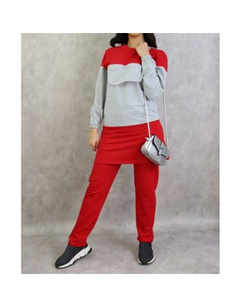 Survêtement femme 2 pièces bicolores de couleur rouge et gris 