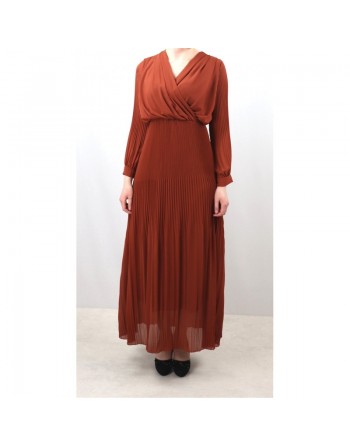 Robe longue cache-coeur plissée avec doublure - Couleur marron rouille 