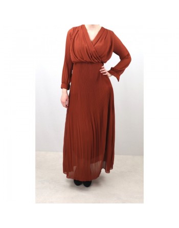 Robe longue cache-coeur plissée avec doublure - Couleur marron rouille 