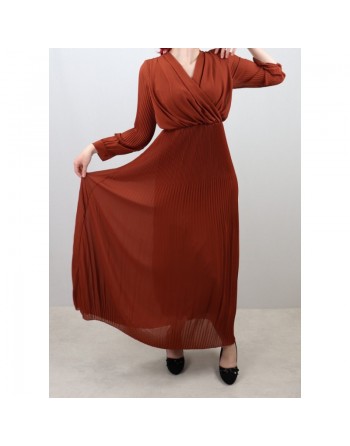 Robe longue cache-coeur plissée avec doublure - Couleur marron rouille 
