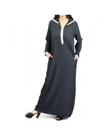 Djellaba marocaine pour femme avec dentelle et capuche - Couleur noire 