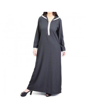 Djellaba marocaine pour femme avec dentelle et capuche - Couleur noire 