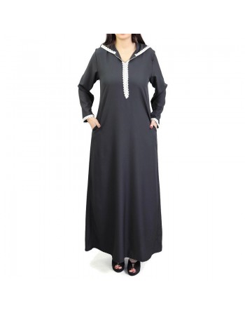 Djellaba marocaine pour femme avec dentelle et capuche - Couleur noire 