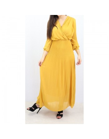Robe longue cache-coeur plissée avec doublure - Couleur jaune 