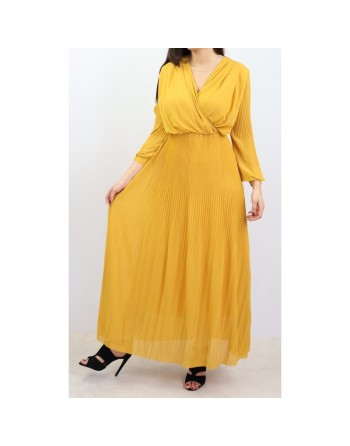 Robe longue cache-coeur plissée avec doublure - Couleur jaune 